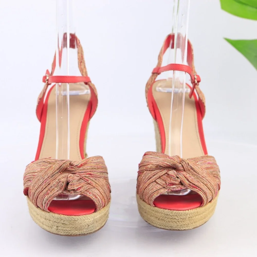 Saks Fifth Avenue Women Lillian Sandal Size 8 Red Espadrille Wedge Platform Shoe